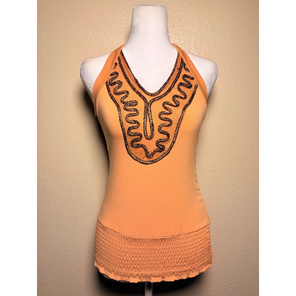 Y2K EURO Via Vai Halter Top Metallic Embroidered Smocked Hem Small Boho #11